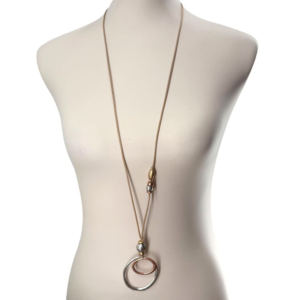 J Jill Mixed Metal Necklace Adjustable Cord Double Circle Pendant Boho Artisan - Picture 5 of 11